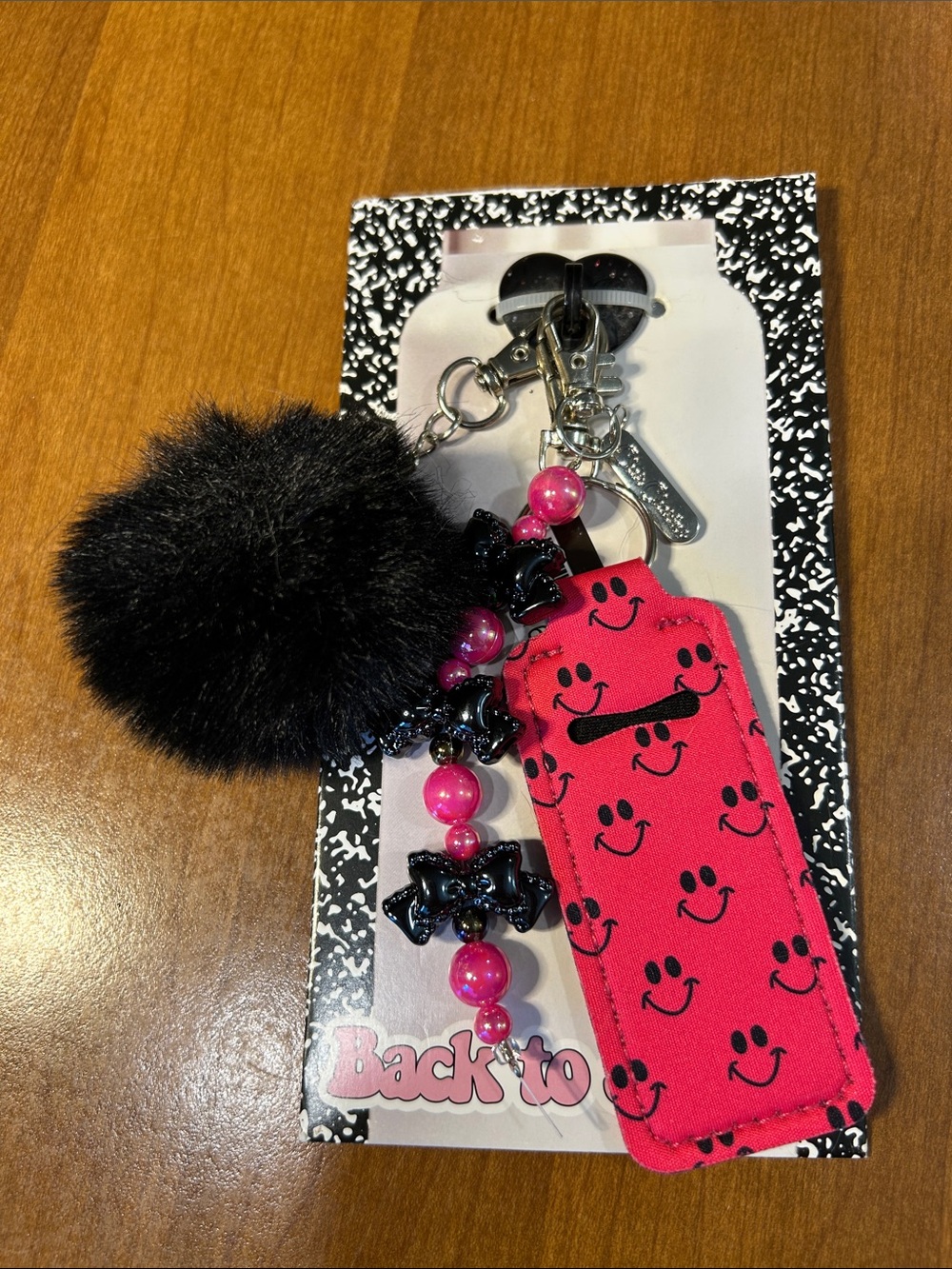 Pink Smiley Pom Keychain bag charms